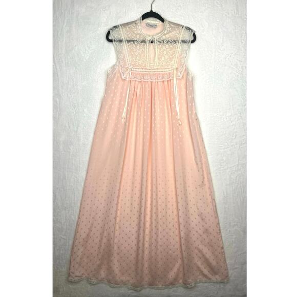 Vintage Christian Dior Satin Long Nightgown 1970’s M Pink White Lace Trim Ribbon - Picture 1 of 15